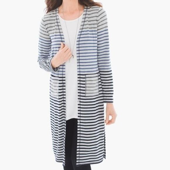 Chico's Zynergy Gray Blue Striped Radley Duster Long Cardigan Sz 1 - Picture 1 of 6